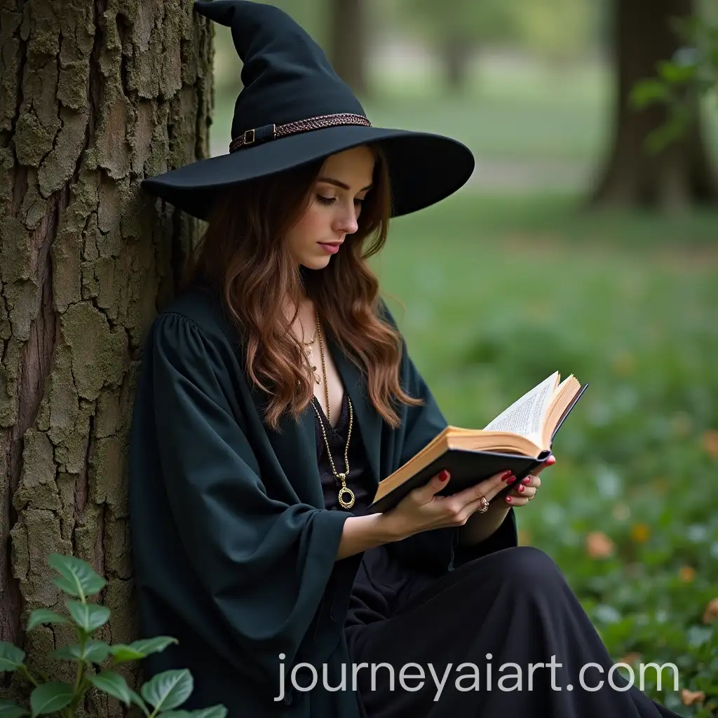 Sorceress-in-Modern-Clothes-Reading-a-Book-While-Sitting-in-a-Tree
