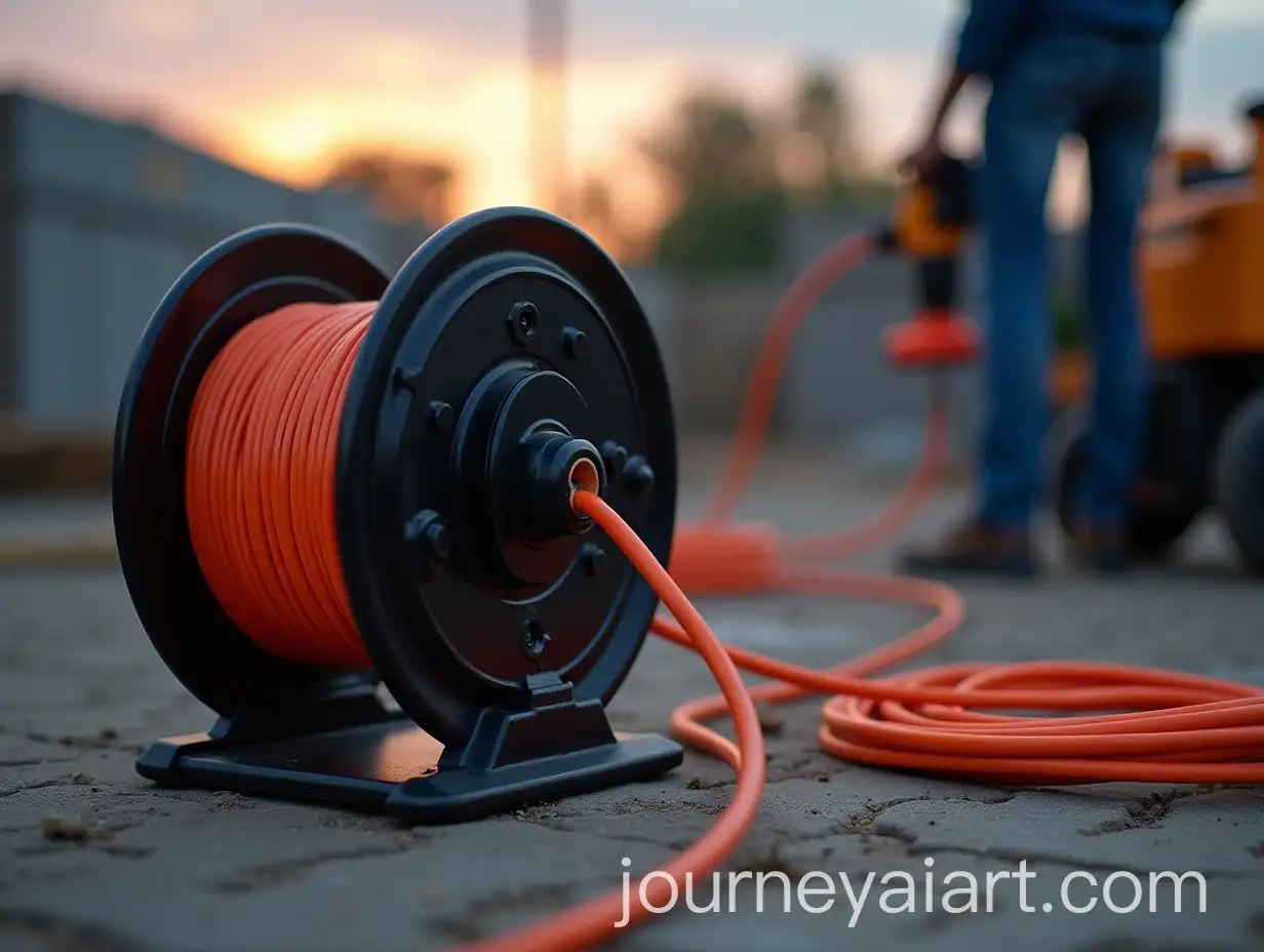 Outdoor-Construction-Site-with-Black-Cord-Reel-and-Orange-Extension-Cord
