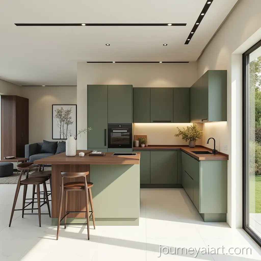 Ultra-Realistic-Modern-Open-Kitchen-and-Contemporary-Living-Room-with-Olive-Green-Cabinets-and-Dark-Wood-Furniture