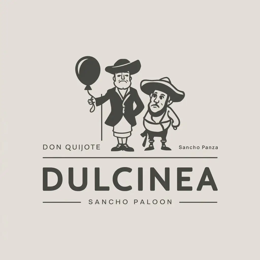 a vector logo design,with the text "dulcinea", main symbol:Don quijote with a balloon next to sancho panza,Moderate,clear background