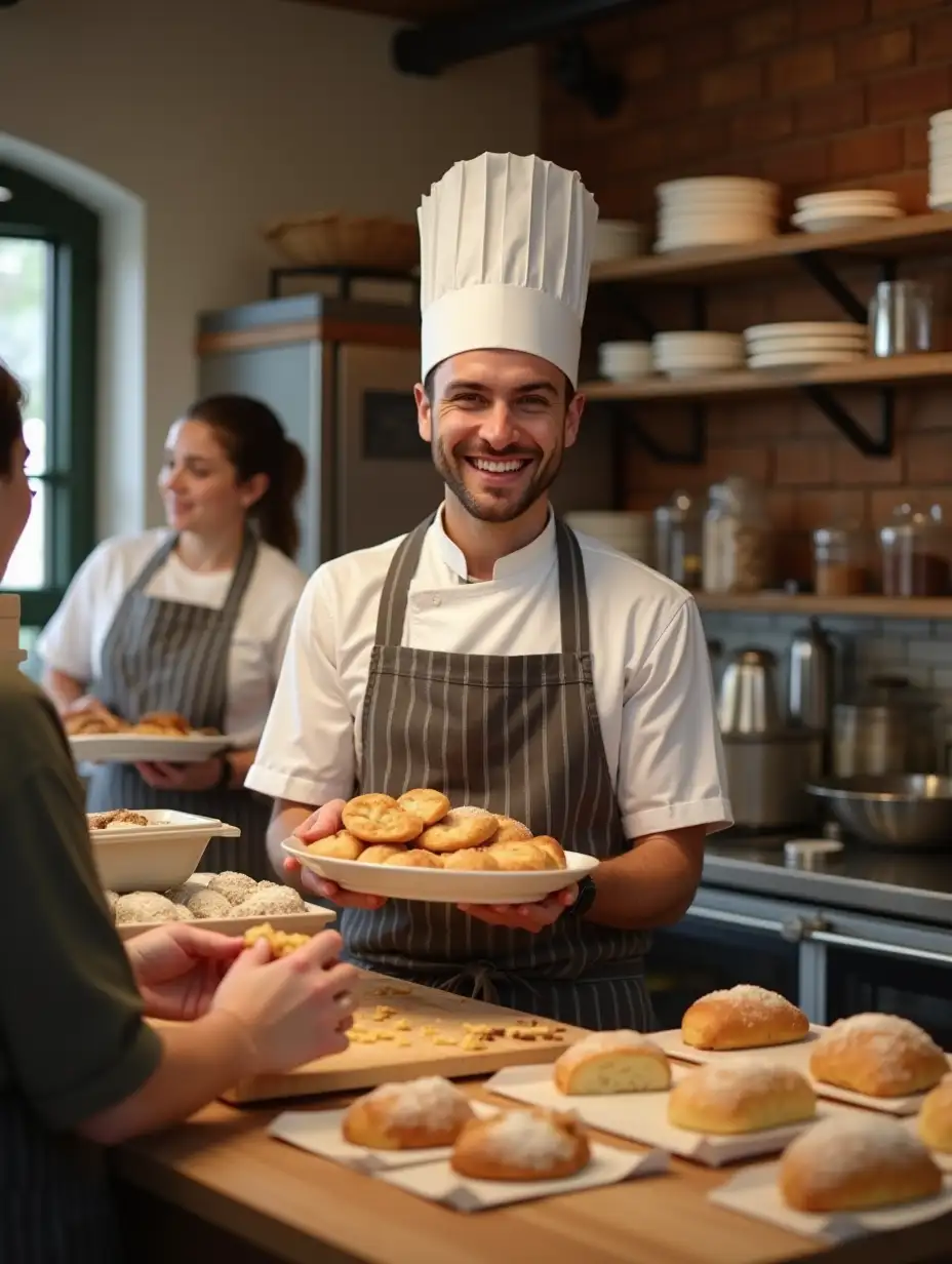 a happy baker is baking in the bakery. there is a line of customers at the counter