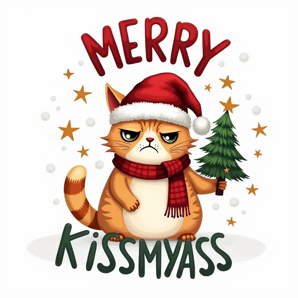 Oil painting art. Create a humorous Christmas-themed graphic featuring a grumpy cat wearing a Santa hat and scarf, holding a small Christmas tree. The cat should have a disgruntled expression and be surrounded by stars and snowflakes. The text 'MERRY KISSMYASS' should be prominently displayed in bold, contrasting fonts, with a playful, handwritten style. The overall style should be lighthearted and fun, with a touch of irony. The background is a white