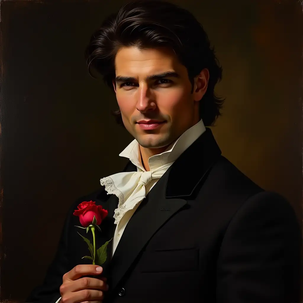 The young and handsome Tom Cruise 20 yeare old, is dressed in an elegant Renaissance-style suit. Close-up, His black hair is beautifully styled and he poses with a mysterious smile. A perfect clear face without wrinkles. He holds a rose in one hand. The background of the painting is made in dark tones in the classic style of an oil portrait of the Renaissance, with cinematic lighting, oil paibting, hyperrealism and grandeur characteristic of historical portraits