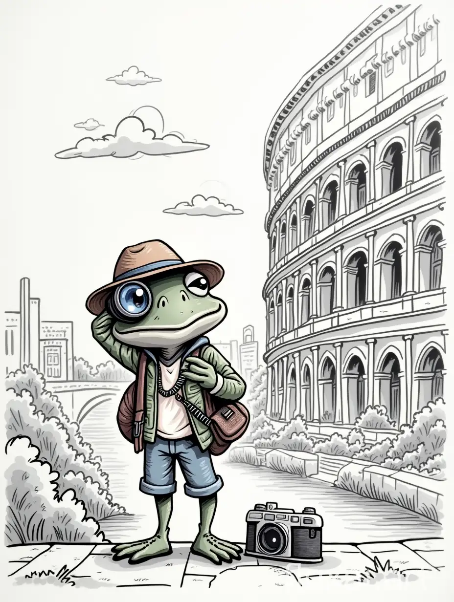 //imagine a vertical cartoon  coloring book with a picture of a frog traveler with a camera in rome