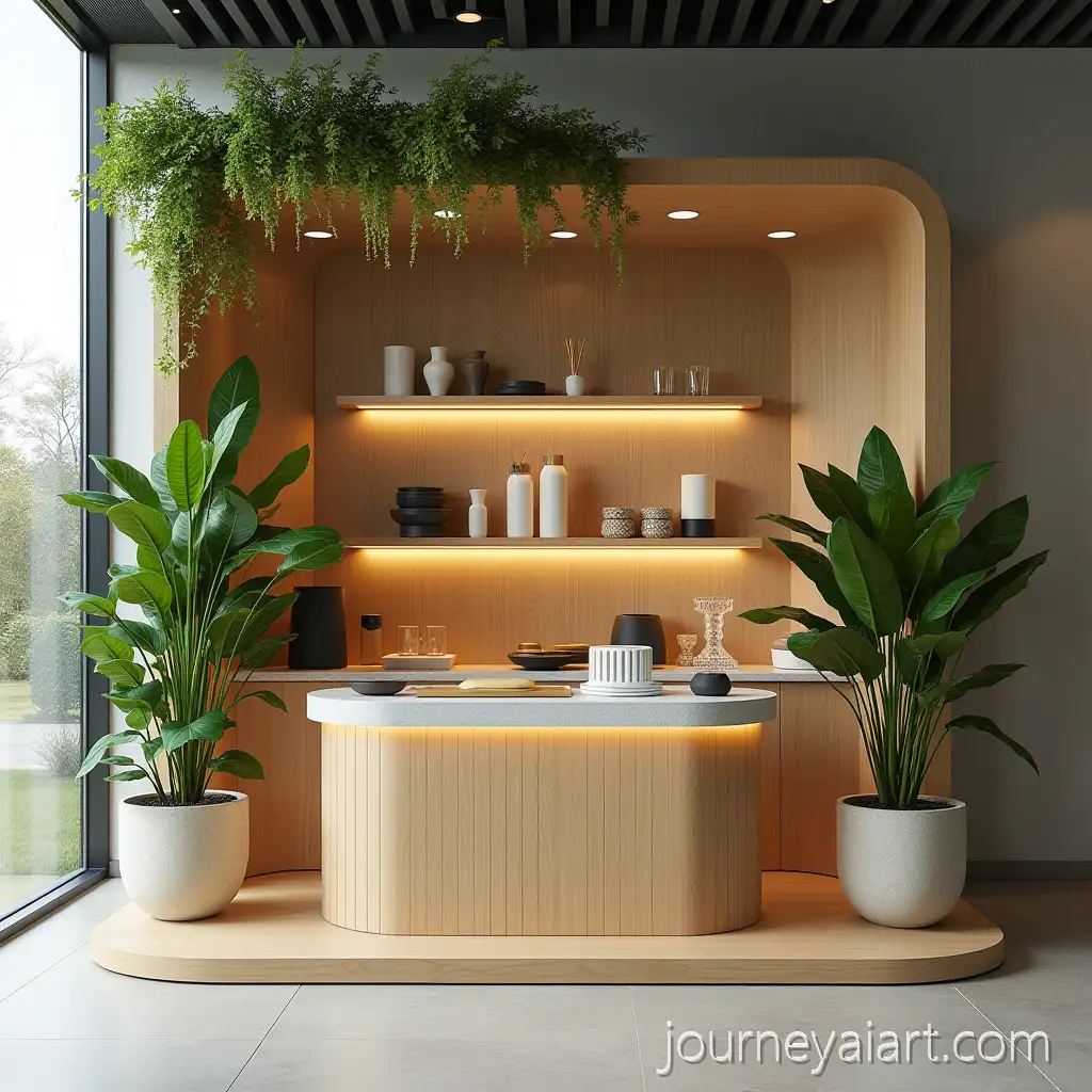 Modern-Minimalist-Exhibition-Stand-with-Green-Plants-and-Product-Display-Counter