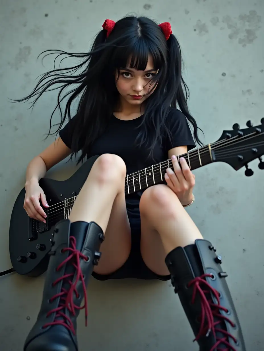 Girl-with-Black-Guitar-and-High-Boots-in-Front-of-Grey-Spotted-Wall