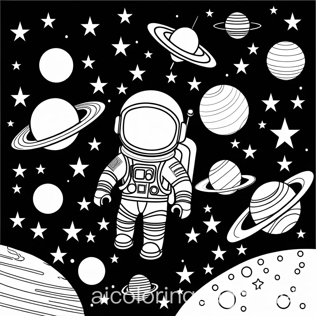 space themed colouring page for young children pattern, Coloring Page, black and white, line art, white background, Simplicity, Ample White Space. The background of the coloring page is plain white to make it easy for young children to color within the lines. The outlines of all the subjects are easy to distinguish, making it simple for kids to color without too much difficulty