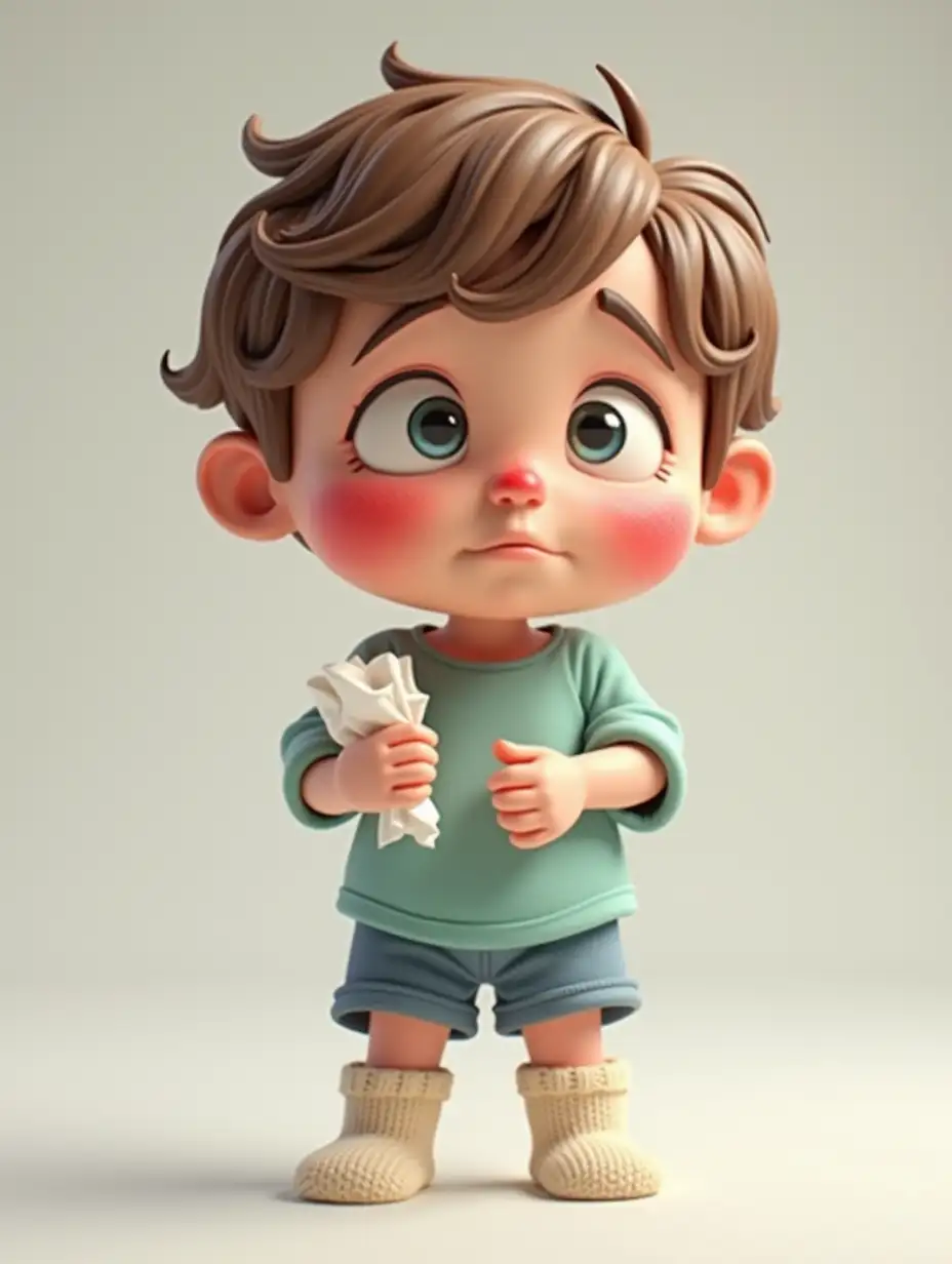 3d animation sick flu child with a napkin in his hand, red cheeks and sad eyes big and sick feet with thick socks Hd 