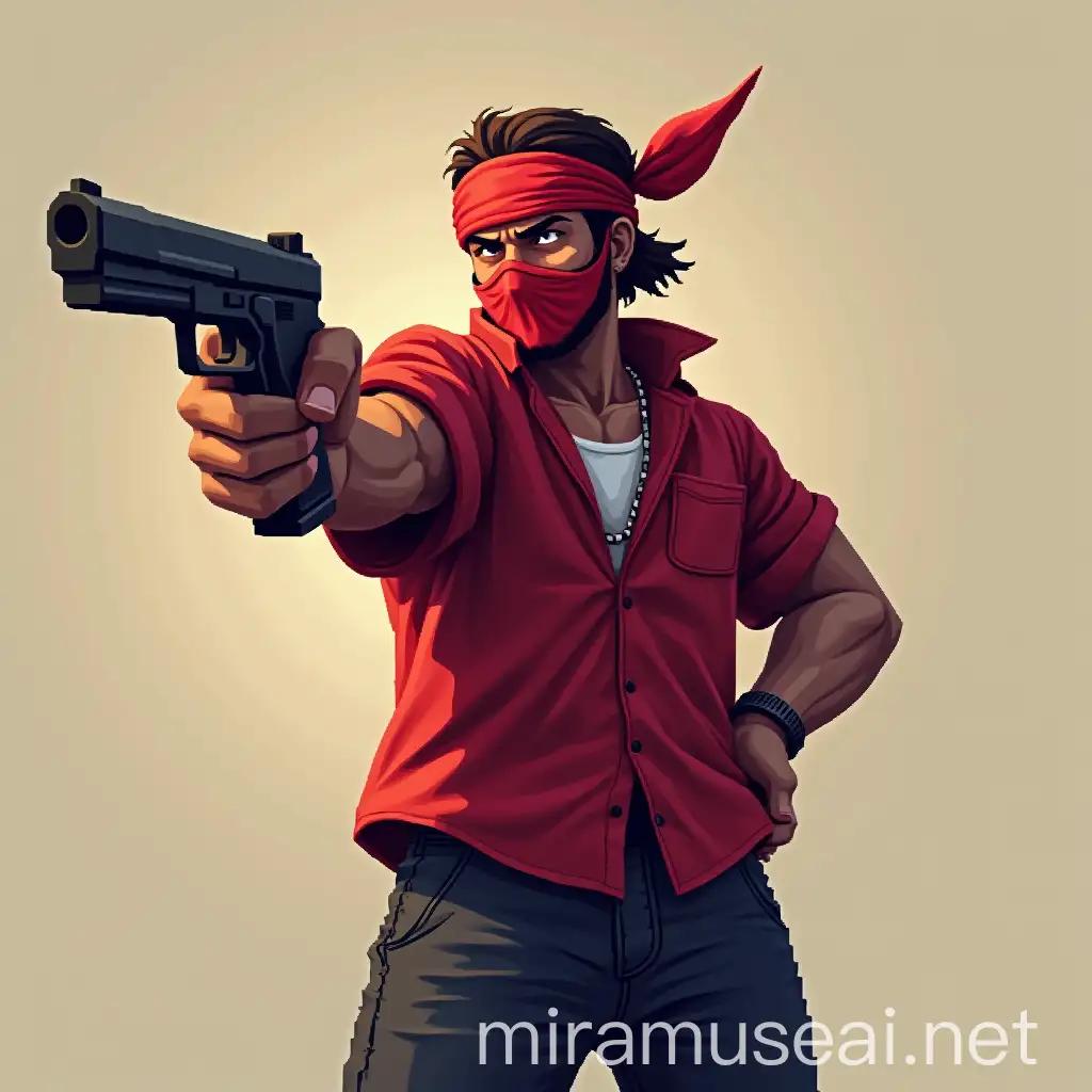 Pixel Art Male Gang Member in Red Attire Pointing Gun