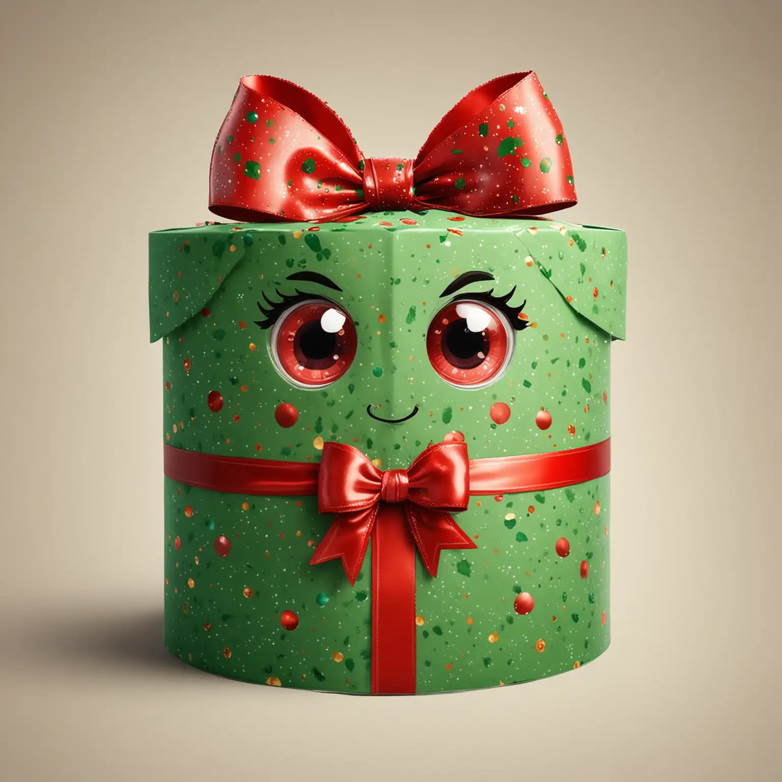 character, new year's box, green, with red festive bow, nice, happy on light background, with round eyes