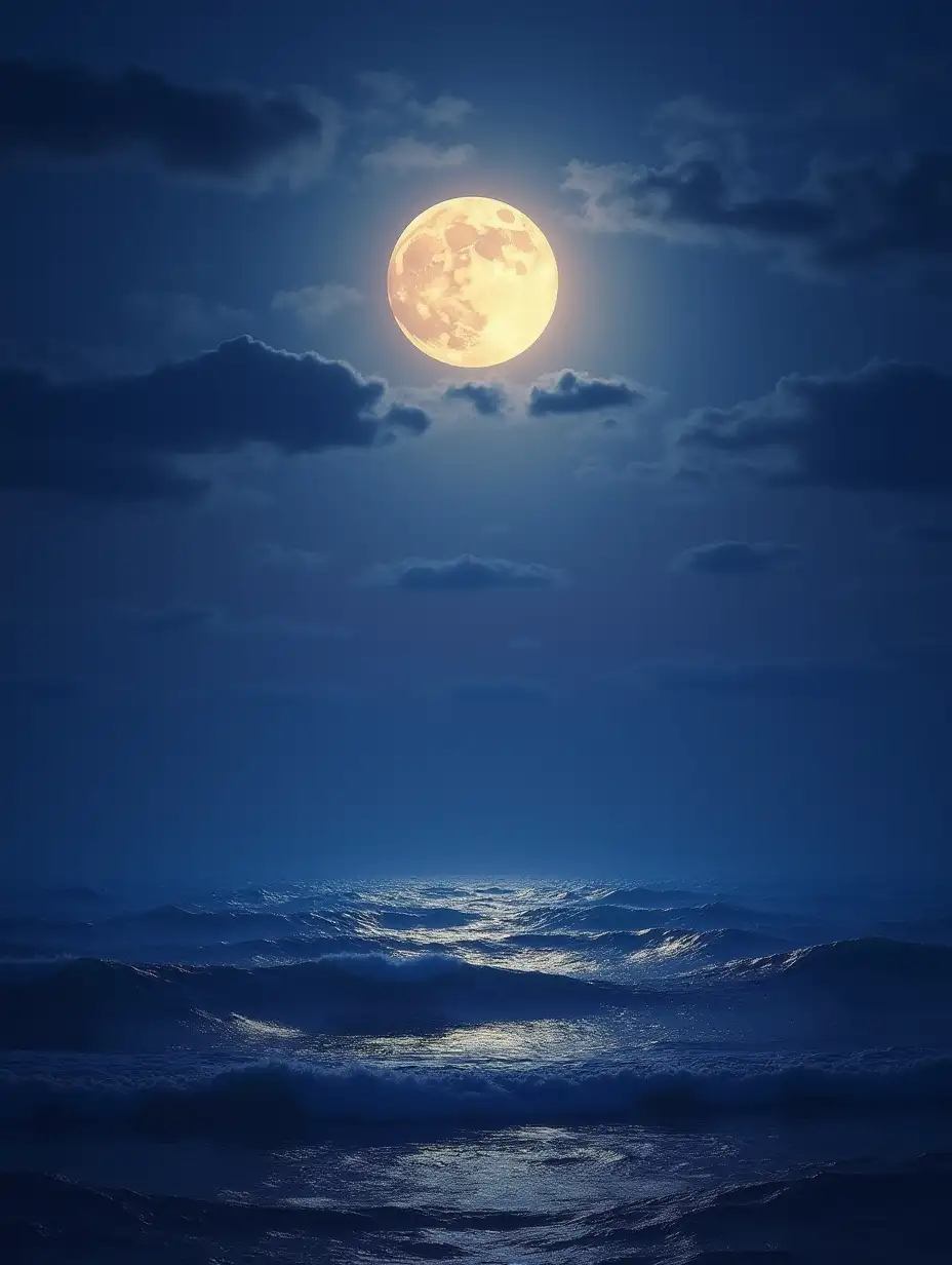 Mysterious, sea, blue, purple, golden, full moon,