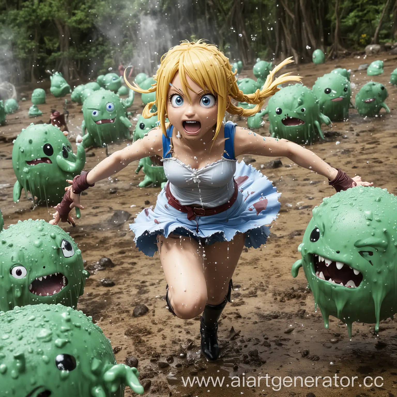 Lucy from Fairy Tail being attacked by a group of slimes