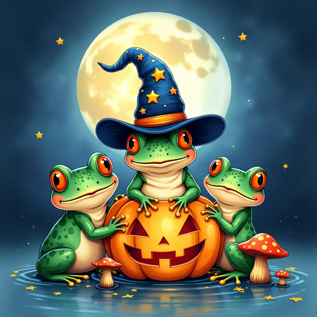 Vector. Create an image of three frogs with distinct characteristics: one wearing a witch hat adorned with stars and moons, another inside a carved pumpkin, and the third sitting beside mushrooms. The style should be detailed with vibrant colors and a whimsical Halloween theme. The lagoon's background is under the moonlight. Watercolor style.