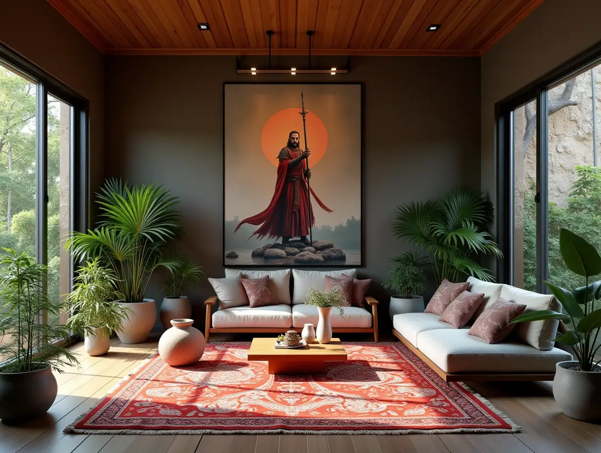 Large modern living room with Springbunnen red, white carpet statue, lighting with furniture very many plants with Demon Slayer image on the wall Zen-Garden with carefully tended rocks, a meditative 180 degree shot 8K resolution Vibrant Colors