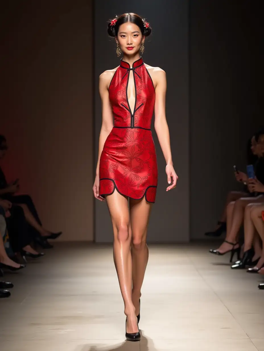 Asian-Supermodel-in-Red-Patterned-Qipao-at-Fashion-Show