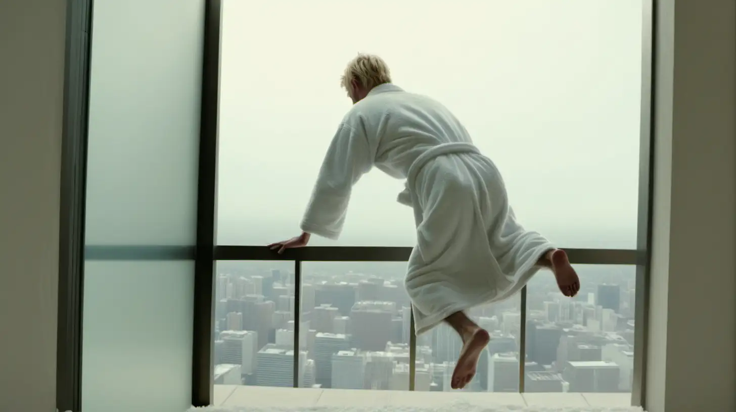 Blonde Man in Bathrobe Falling Backward off Ledge Outside