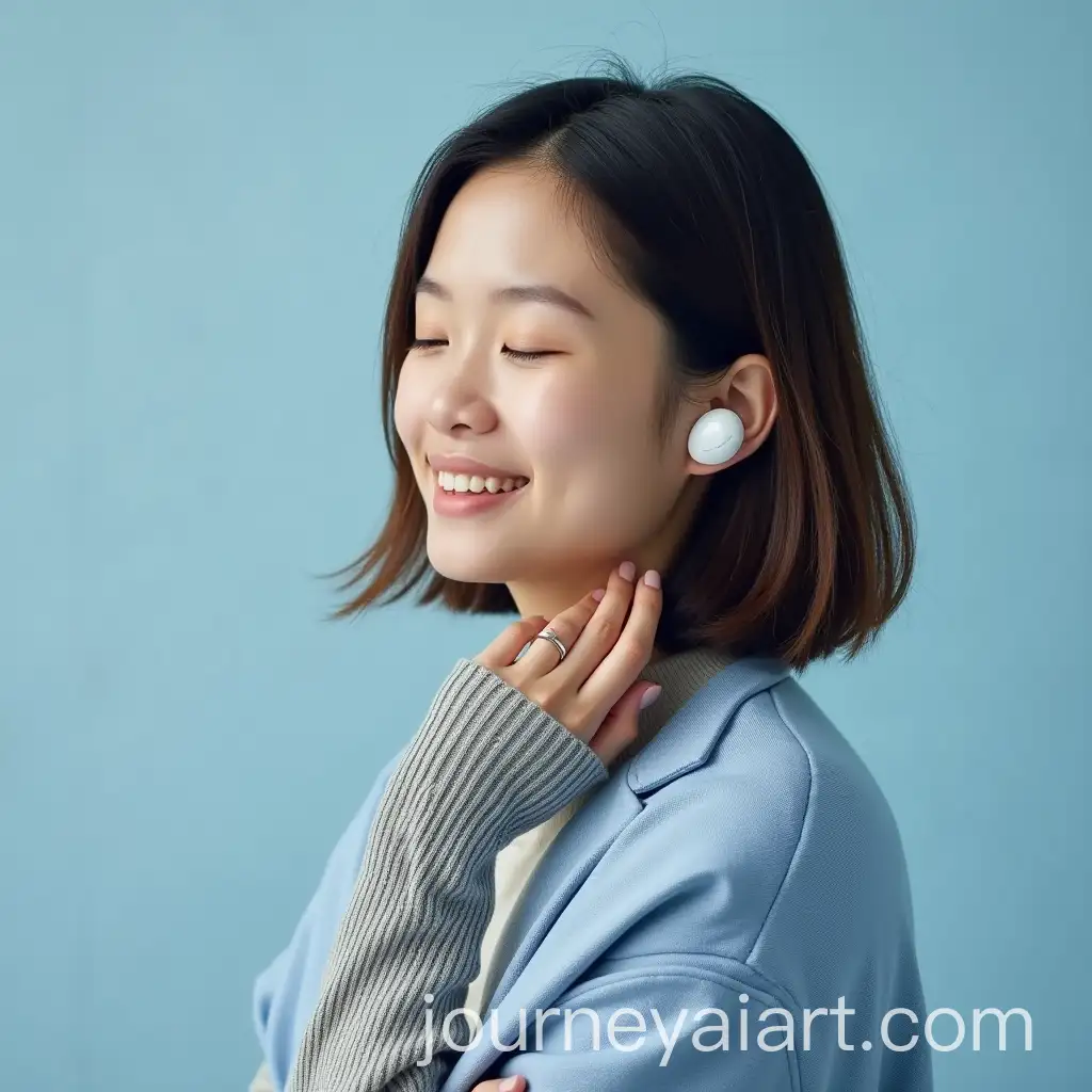 Young-Woman-Relaxing-with-Bluetooth-Earphones-and-Light-Blue-Background