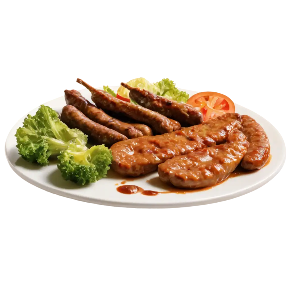 HighCalorie-Lunch-PNG-Image-Grilled-Meat-Sausages-Vegetables-Sauce-on-White-Plate