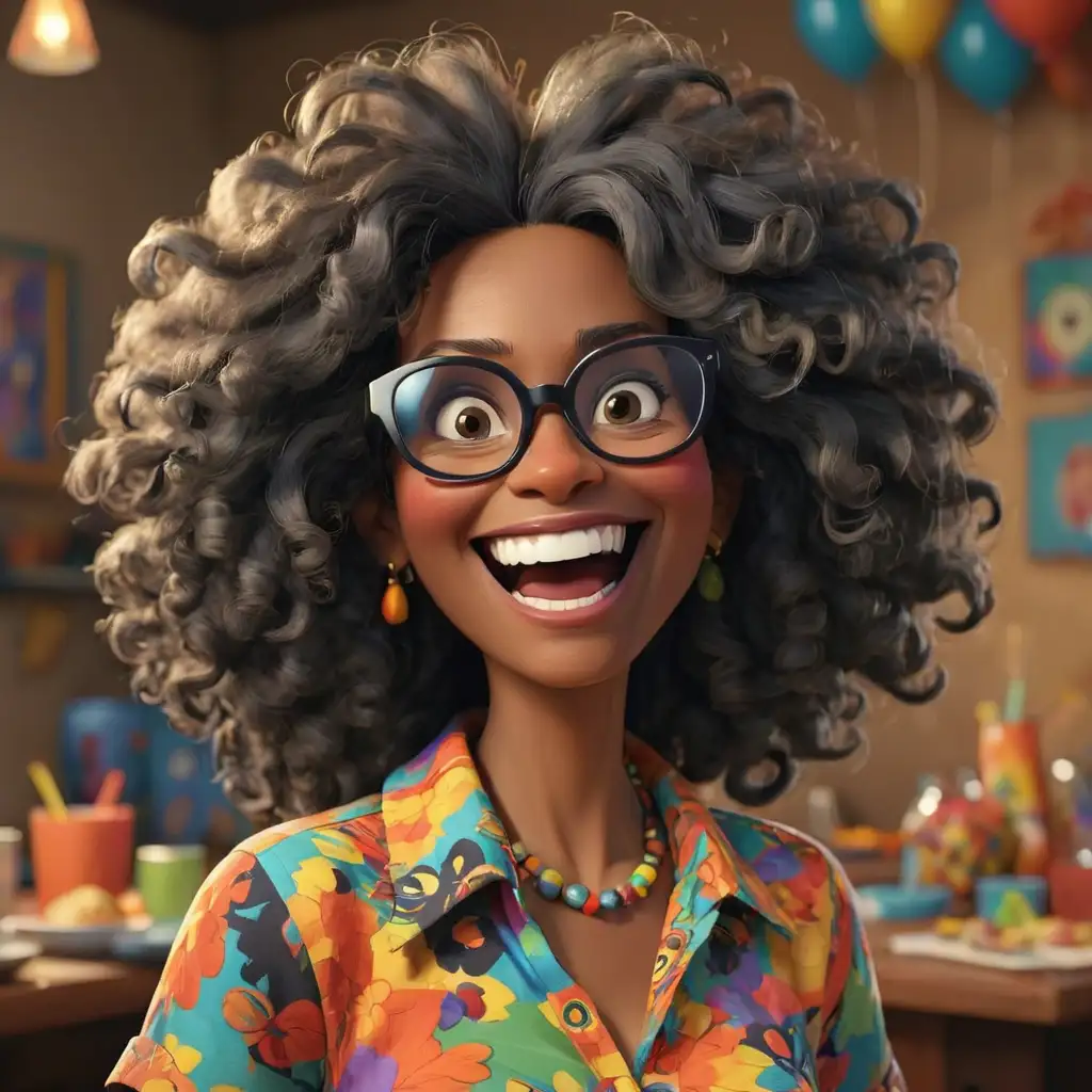 Pixar 3d haitian female author at a party, 60 years old, big black frizzy hair, colurful sirt, black glasses, smiling, devious, head and shoulders portrait 3d in cartoon style , close up 


