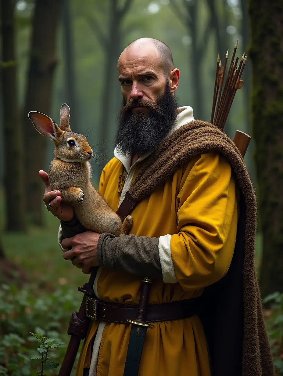 bald man 34 years old with a thick beard, he is a peasant from the year 1403 in Bohemia, he is in a dense forest hunting with a bow, holding a rabbit by the ears with an arrow sticking out, wearing a kalsa and yellow-white colors, with a sword hanging on his belt, a village is visible in the distance, face clearly visible, high quality, high sharpness, realism