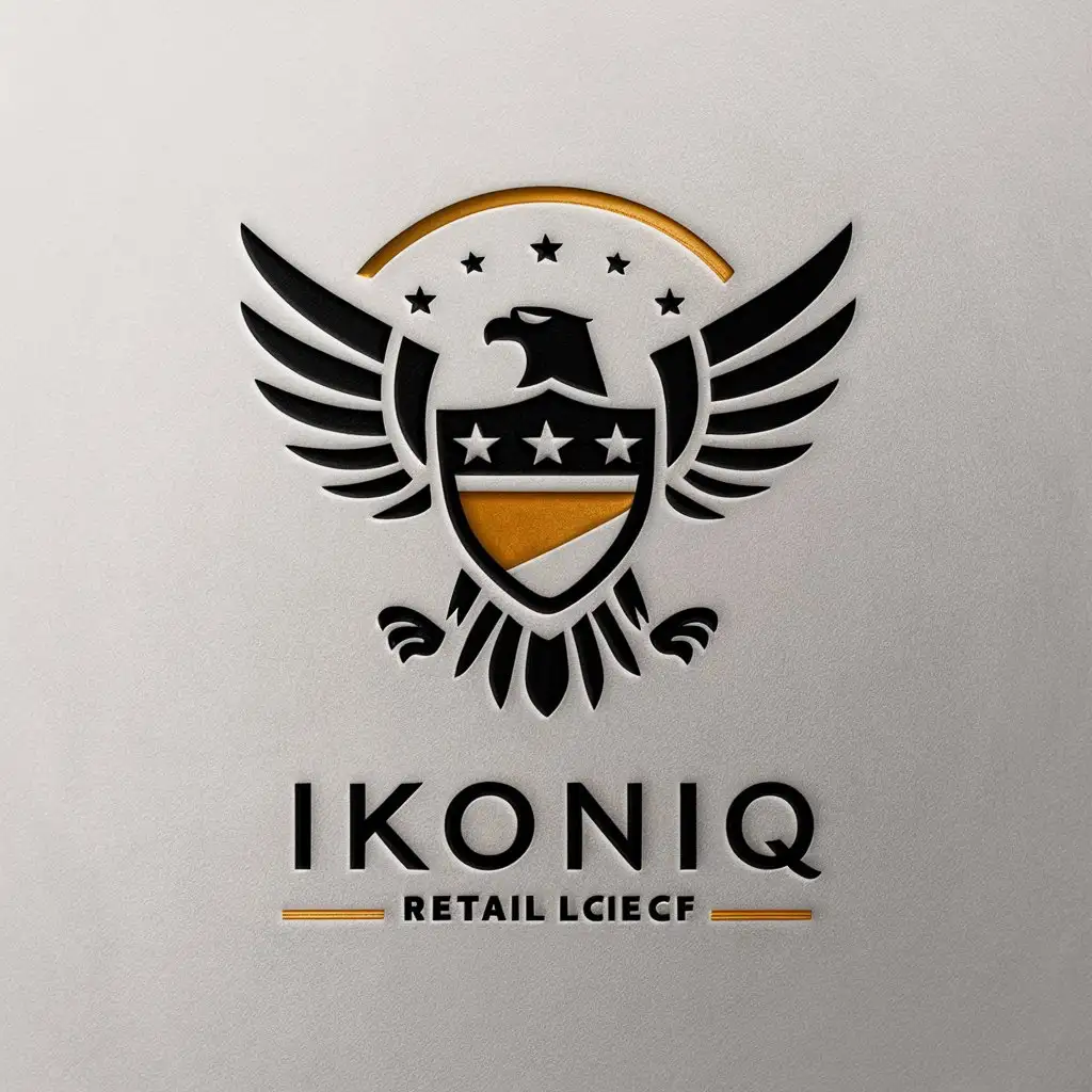 LOGO Design For IKONIQ Eagle Symbol with Stars and Banner Shield for Retail Industry