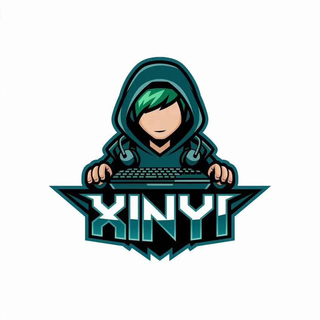 a vector logo design,with the text "xinyi", main symbol:boy computer gaming Cyberpunk keyboard mouse headphones,complex,clear background