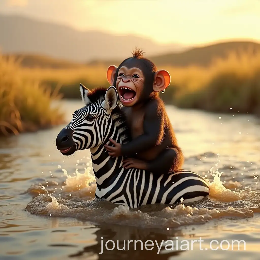 Young-Chimpanzee-and-Zebra-Playfully-Splashing-in-a-Shallow-River