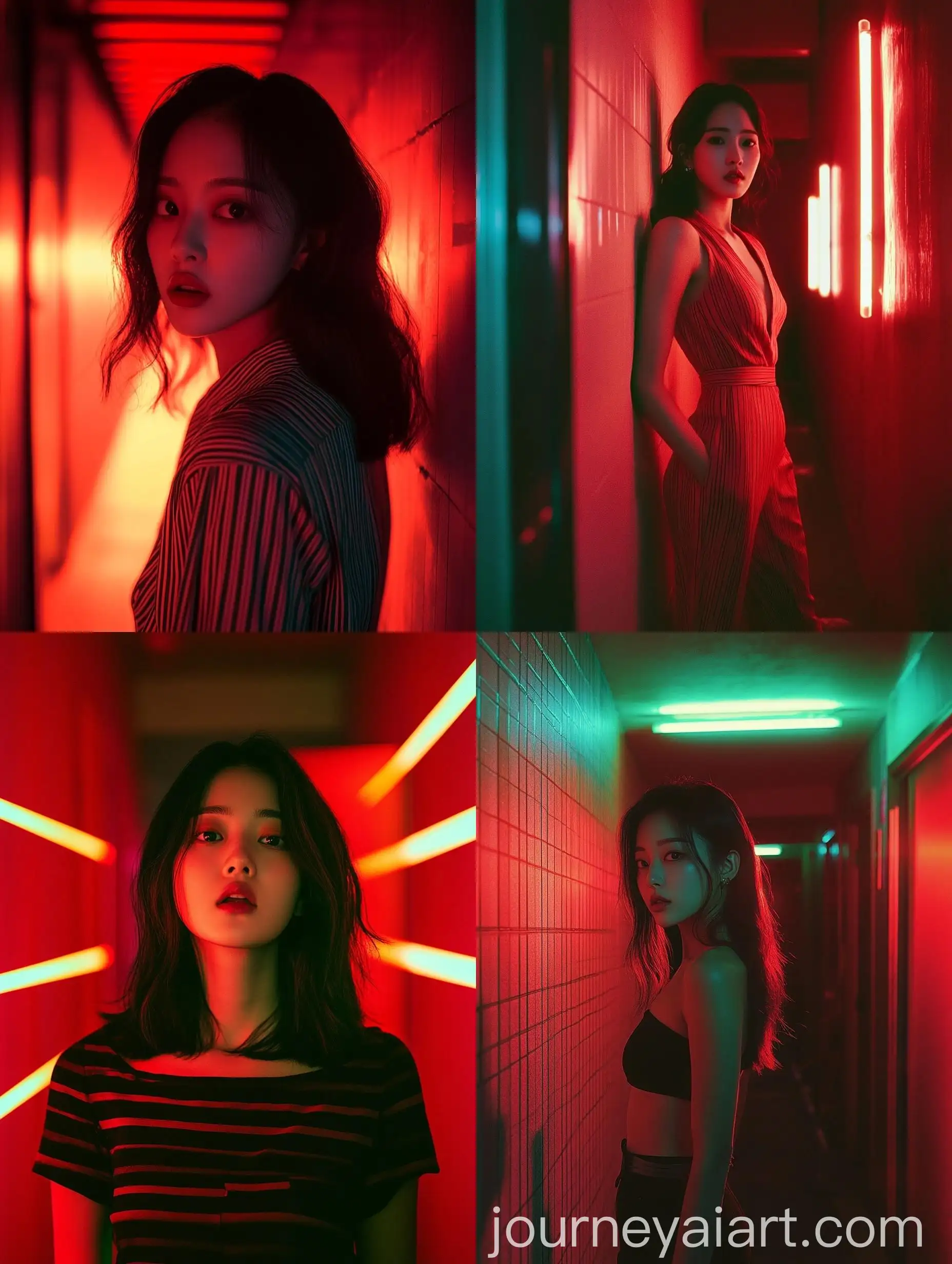 Korean-Woman-in-Neon-Pop-Style-Hallway-Portrait