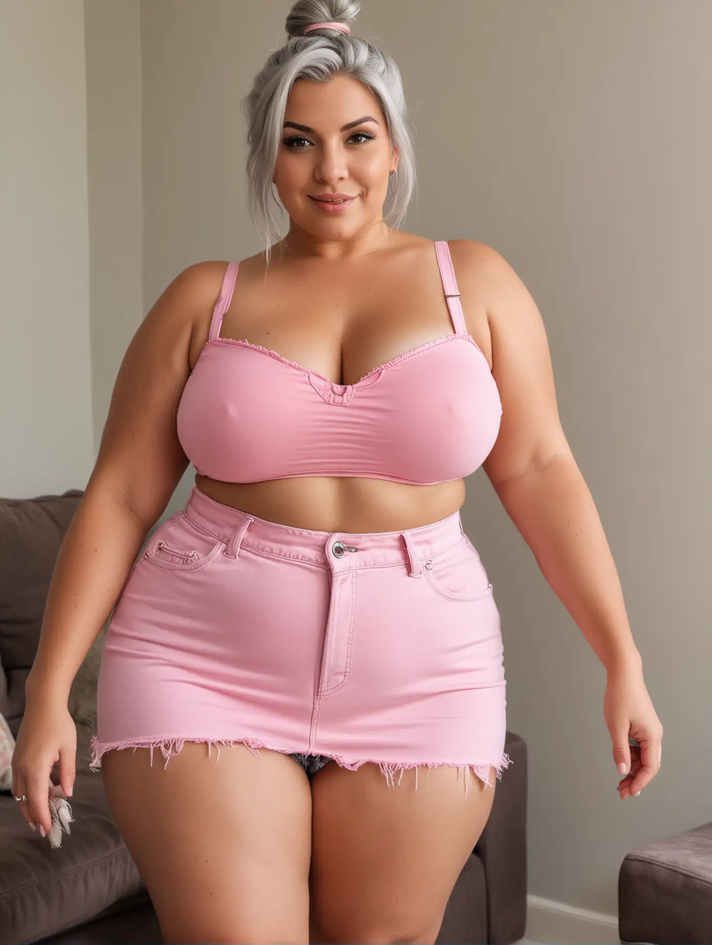 Thicc bbw old woman in a mini denim skirt and a short over size pink crop top is at home, large thighs, massive thighs, large ass, massive ass, huge thighs, fat thighs, large breasts, bun hairstyle, grey hair, tanned skin, side wiew