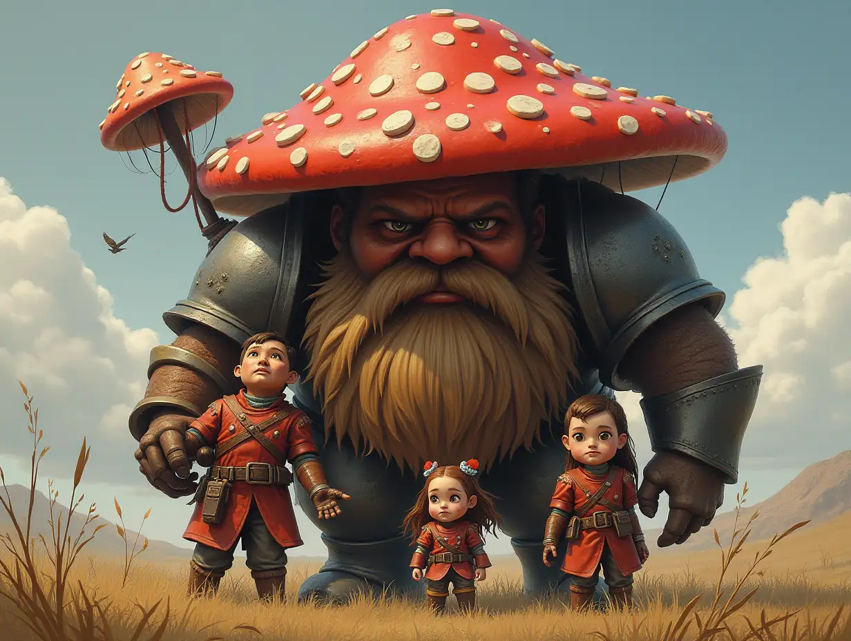 Ki-Fantasy family, woman, man and children, giant mushroom face with beard and metal armor equipment