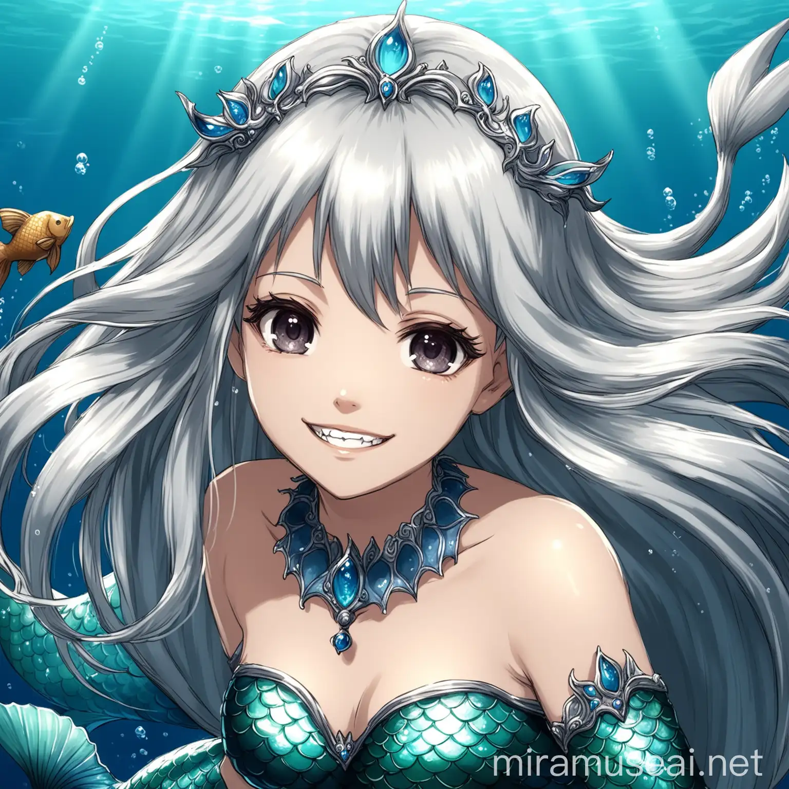 Anime Fantasy Mermaid with Silver Hair and Enchanting Smile