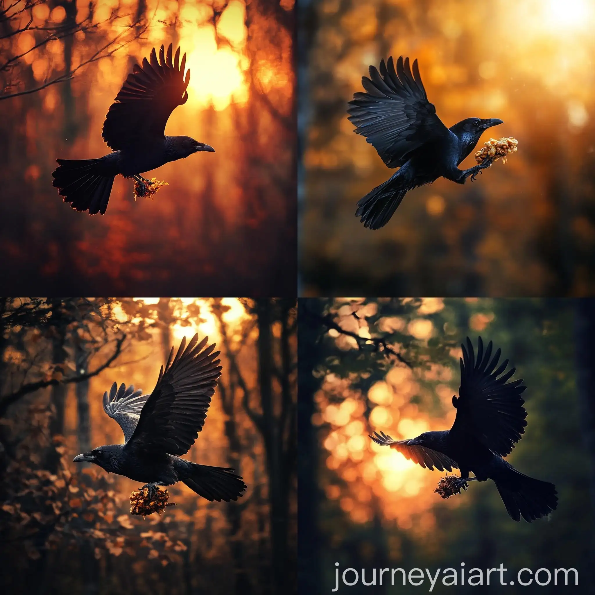 Black-Crow-Flying-with-Food-in-Sunset-Forest-Scene