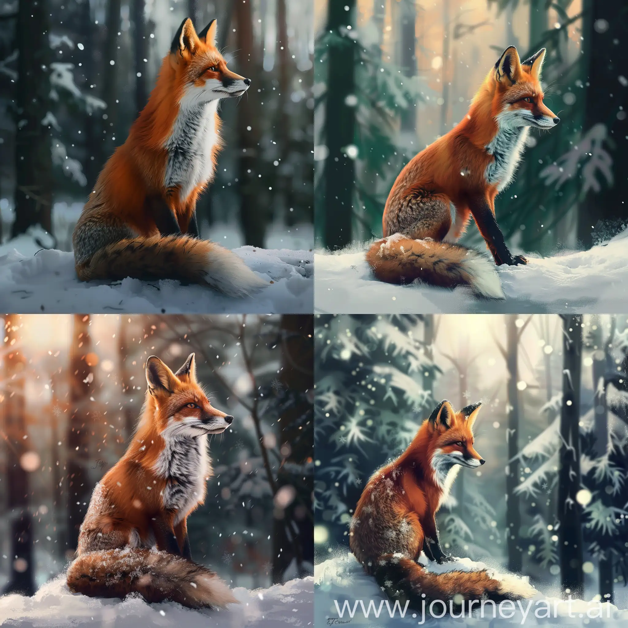 Fox-Sitting-in-Winter-Forest-with-Blurred-Fir-Trees