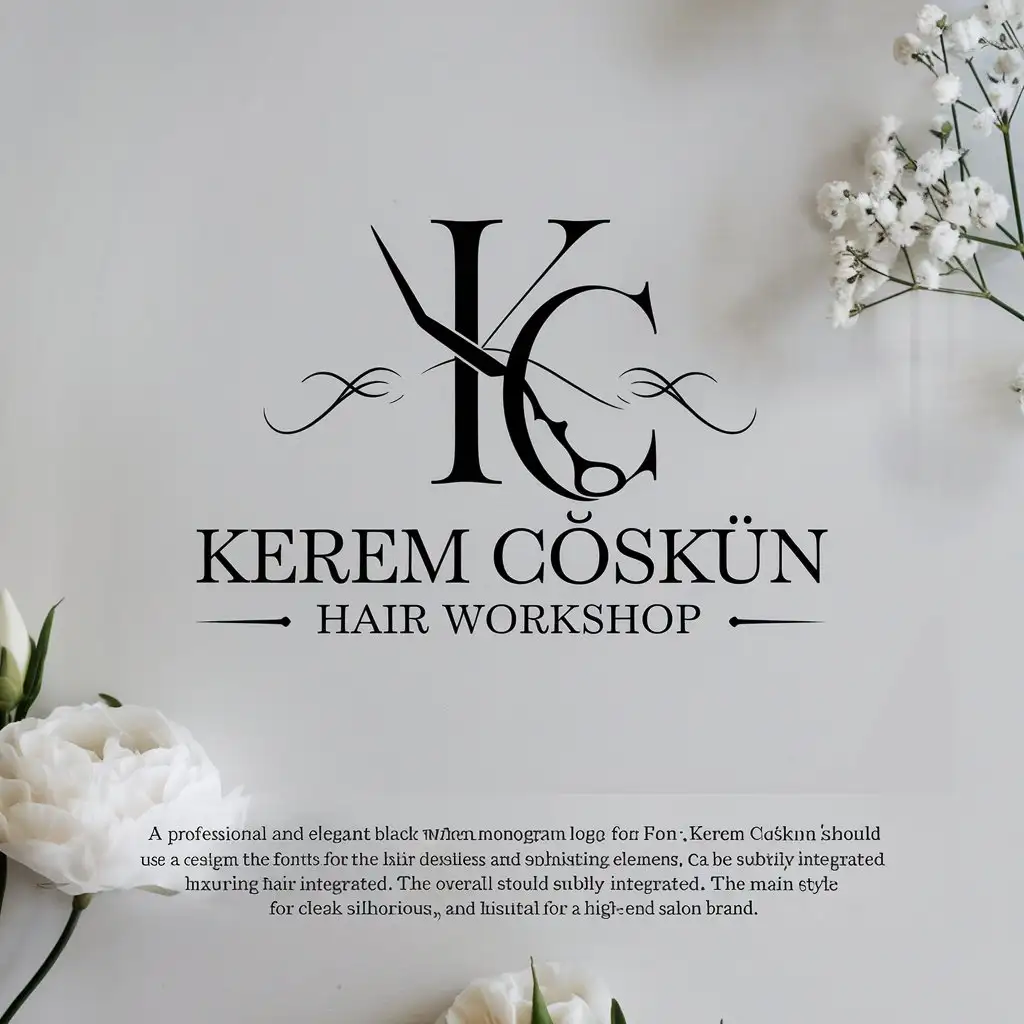 LOGO Design for Kerem Cokun Hair Workshop BlackandWhite Monogram with Scissors Hair Waves Theme