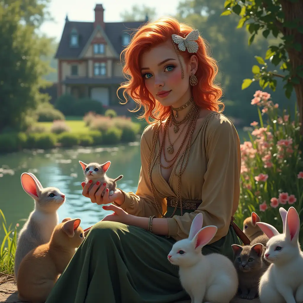 user_prompt: A woman with red and white hair and blue eyes with many chains, brown blouse sits on a bench in the garden with 30 cats in her hand, pond, rabbits and behind a beautiful house