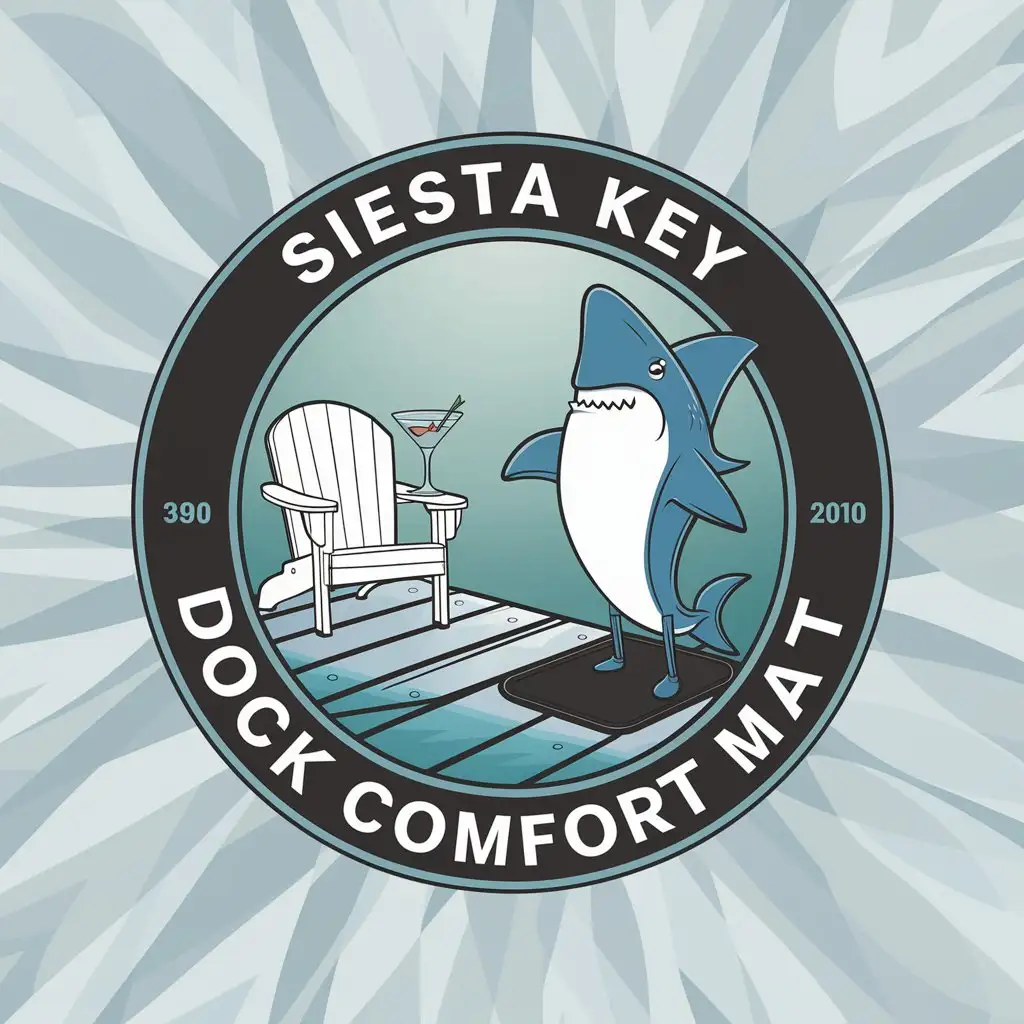 LOGO Design for Siesta Key Dock Comfort Mats Round Design with Blue Shark Adirondack Chair and AntiFatigue Mat