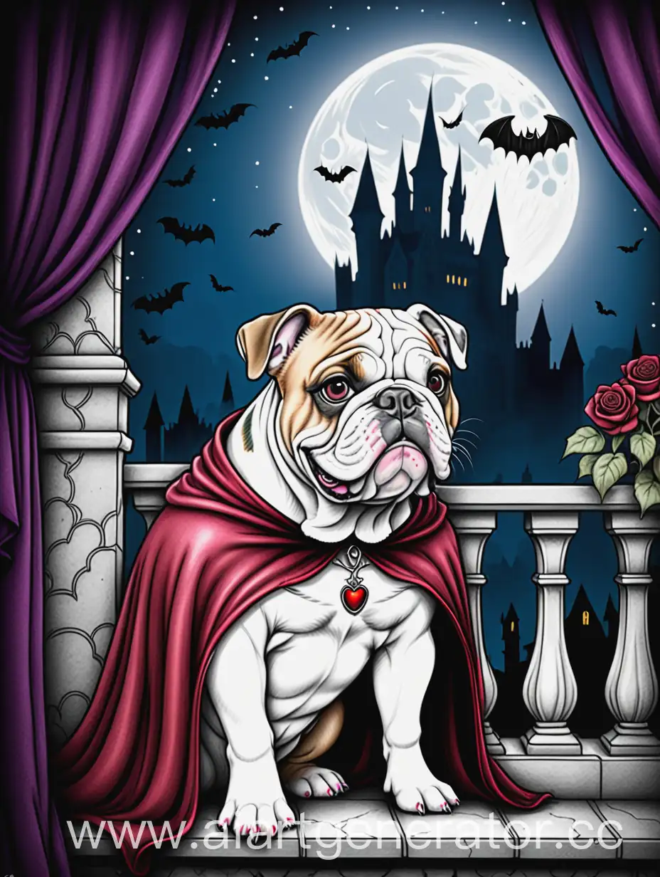 Adult coloring book page featuring a English Bulldog puppy, dressed in a vampire costume. sits upon a moonlit balcony.Frame the coloring page with a gothic castle, curtains, bats, rose vines, and a full moon. In a Whimsical storybook art style