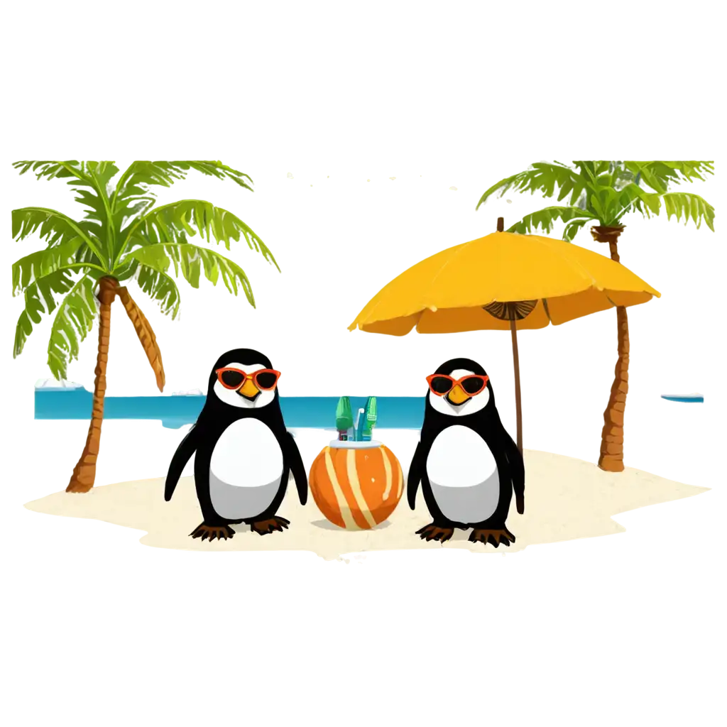 PNG-Image-of-Penguins-Lounging-at-a-Tropical-Beach-Global-Warming-Vacation-Theme