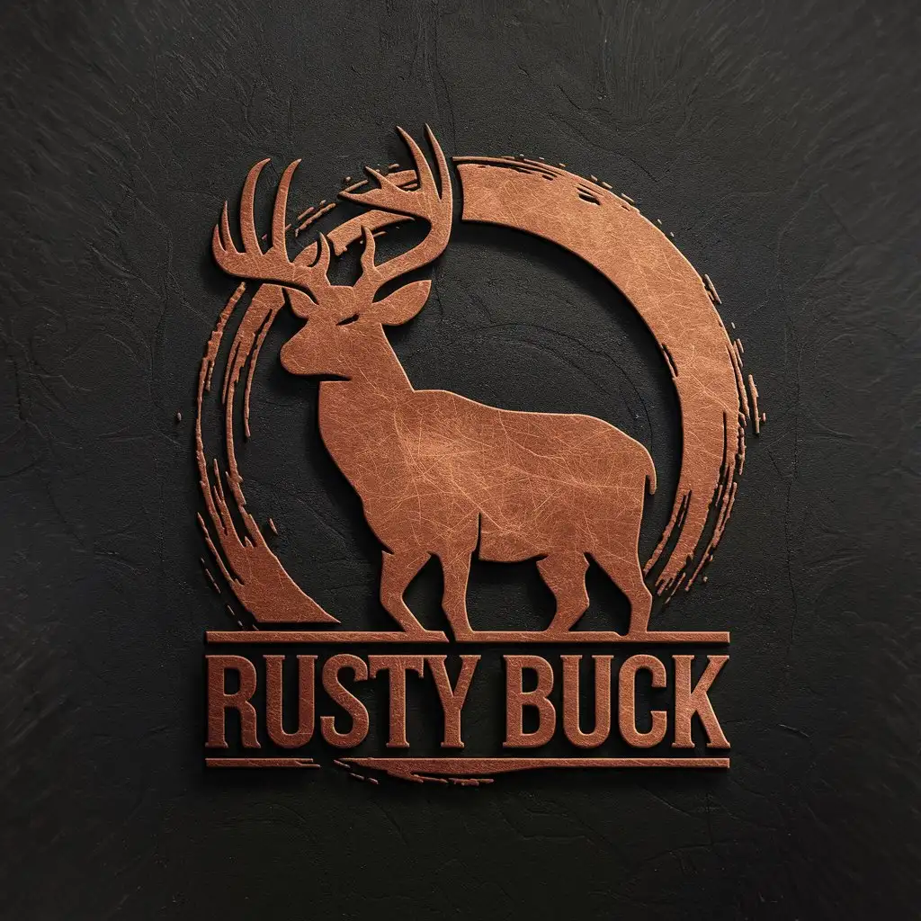 LOGO Design for Rusty Buck Majestic Buck Silhouette in Copper on Black with Circular Brushstroke