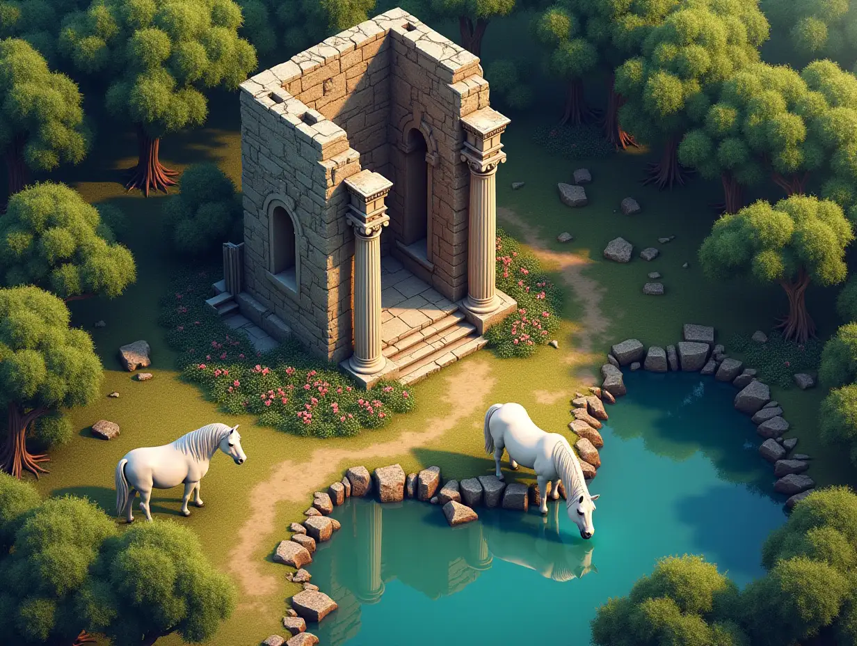 age of empires style, isometric top down view, old ruined statue, trees around , flowers, pond , white horse drinking water from the pond.