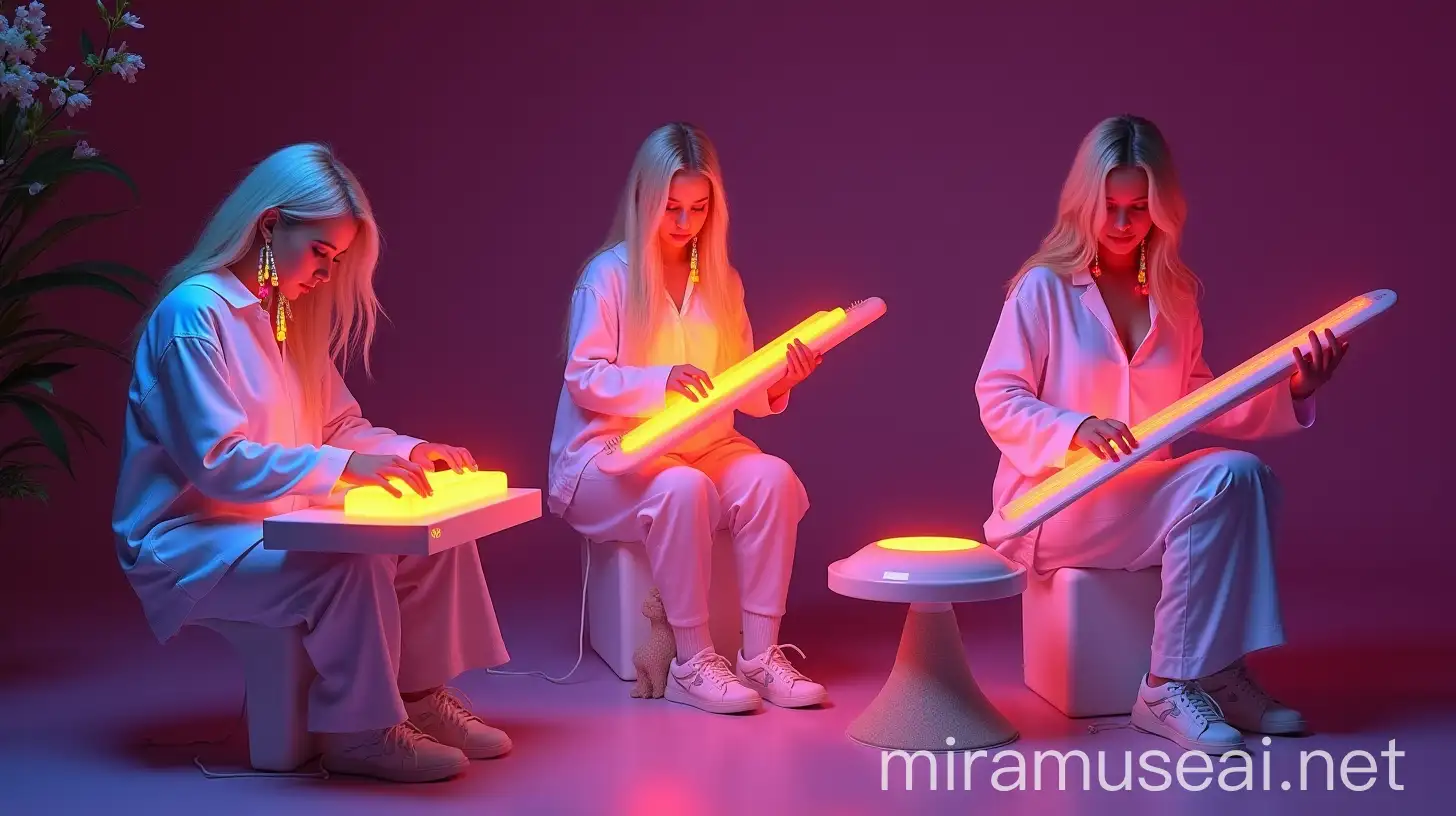 Three Young Women Playing Futuristic Electronic Music Instruments in Neonlit Studio