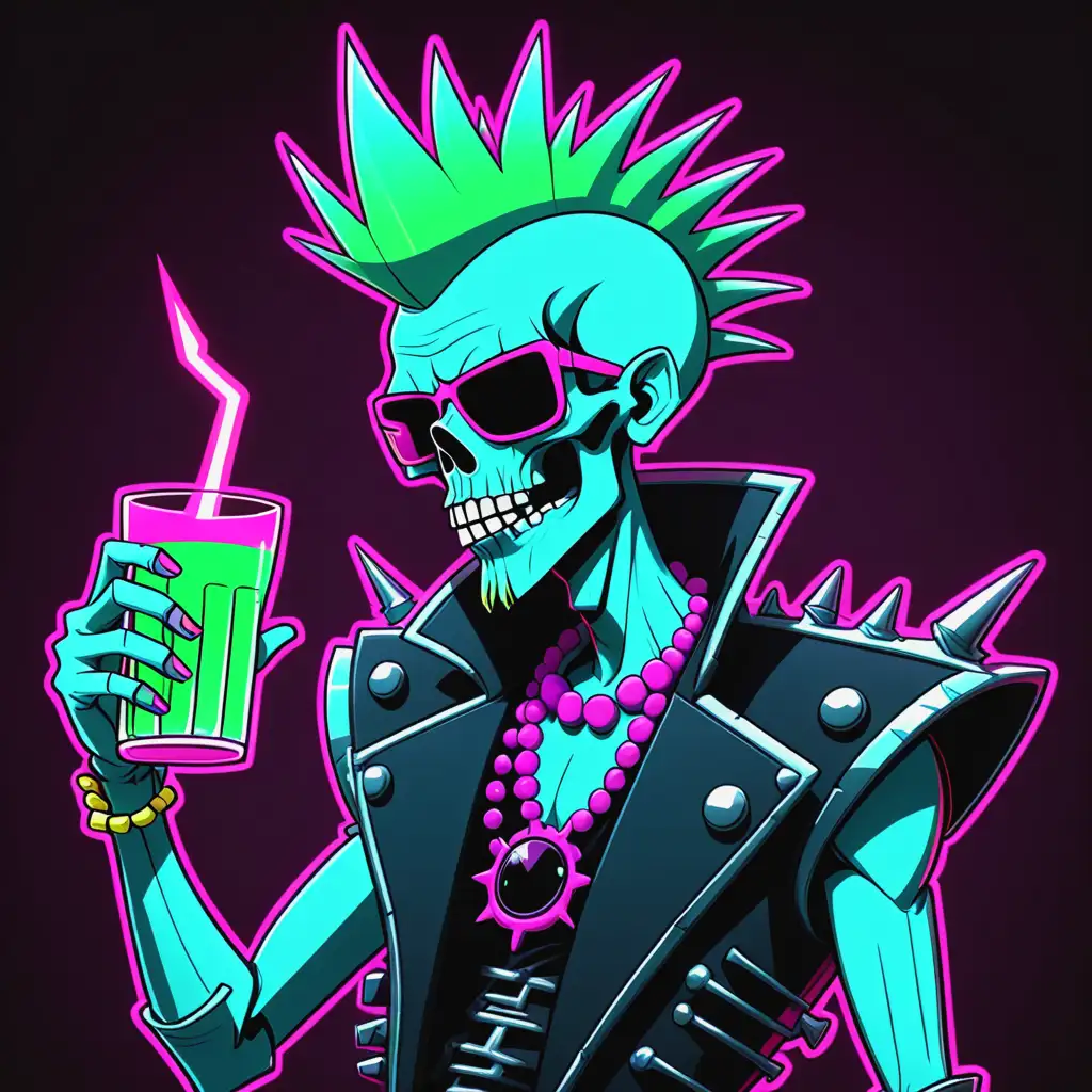 Neon 80s Punk Lich Holding Drinking Glass