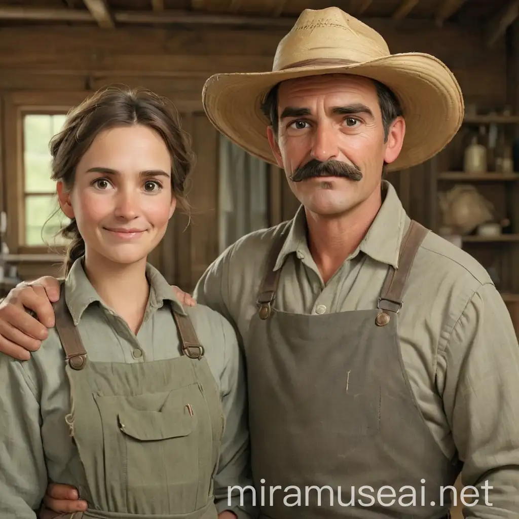 Father Shaving Without Mustache Mother in Farmers Suit