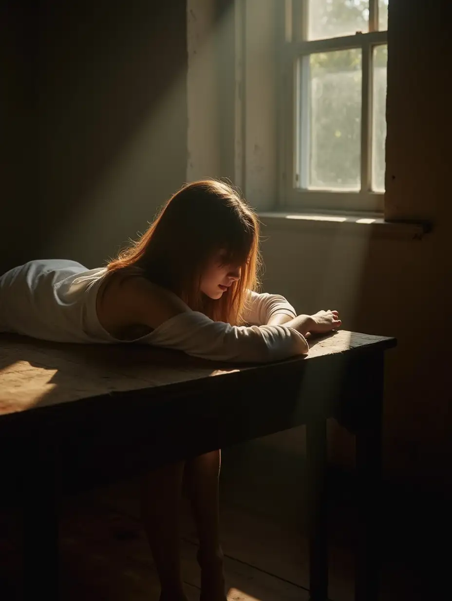 Woman-in-Unbuttoned-Shirt-with-Bare-Feet-in-Sunlit-Old-House-Studio