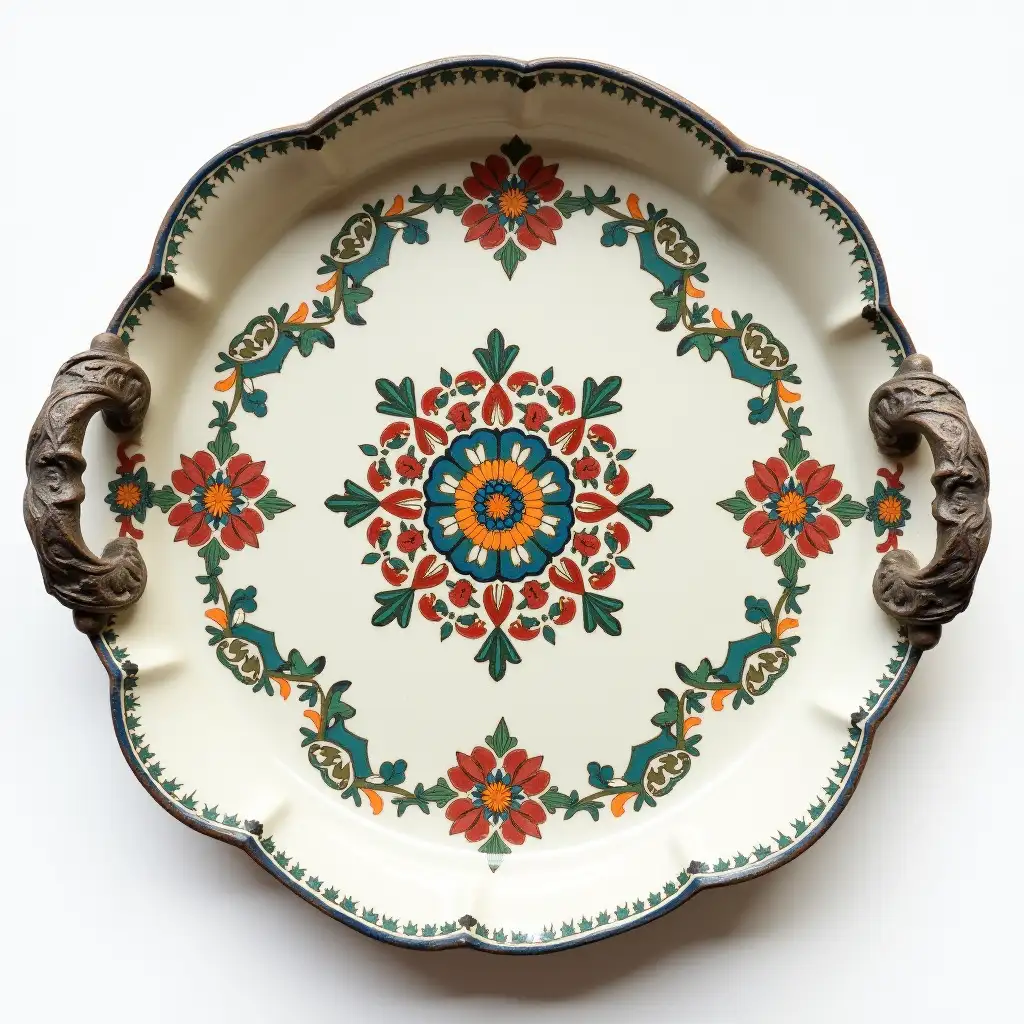 Ruffled edge circle ceramic tray with embossed beautiful handle, Underglaze painting on white body, Fine art, Hyper detailed, Antique and old, Qajar art, Iranian Tabriz carpet design