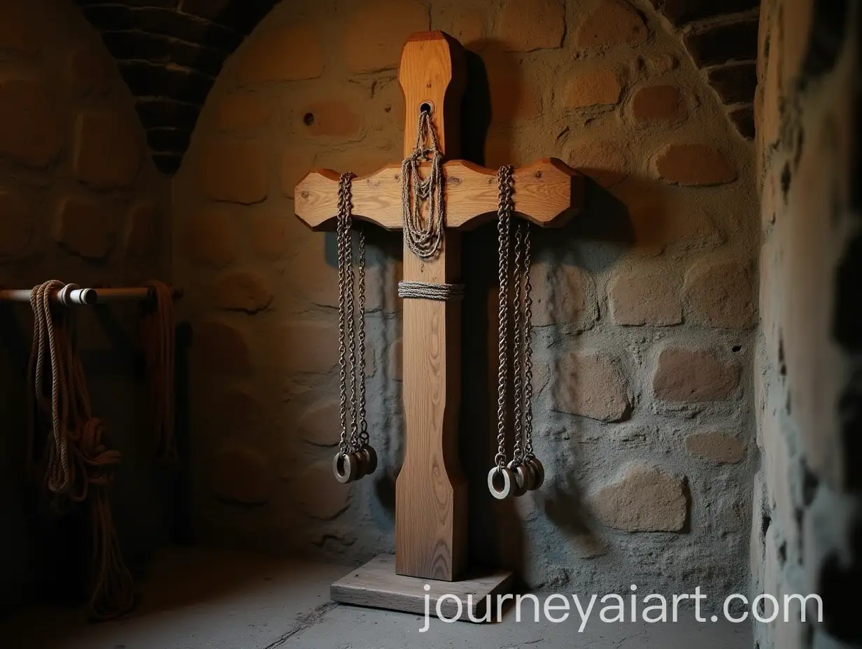 Medieval-Dungeon-Cross-with-Shackles-and-Whips