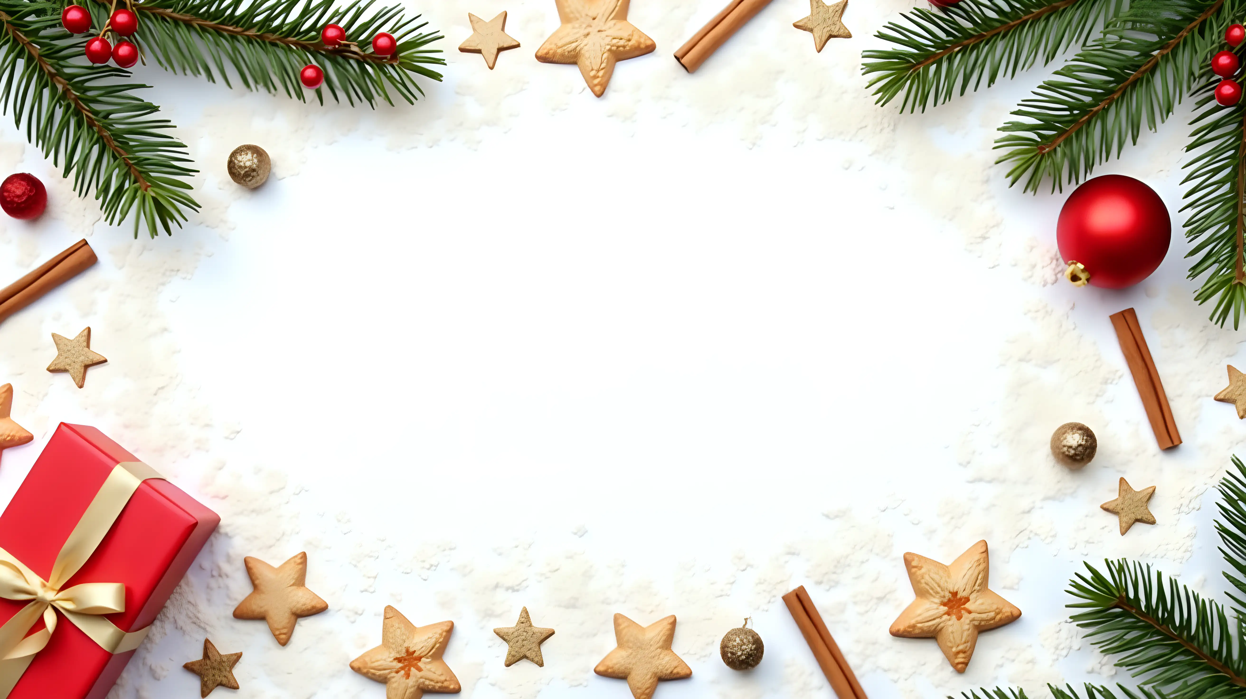flat lay Christmas background, snowy white surface, arranged festive decorations, pine branches, red and gold ornaments, cinnamon sticks, gift boxes, star-shaped cookies, soft winter lighting, clean layout with empty center space, cozy and warm feeling, high resolution, top view photography style