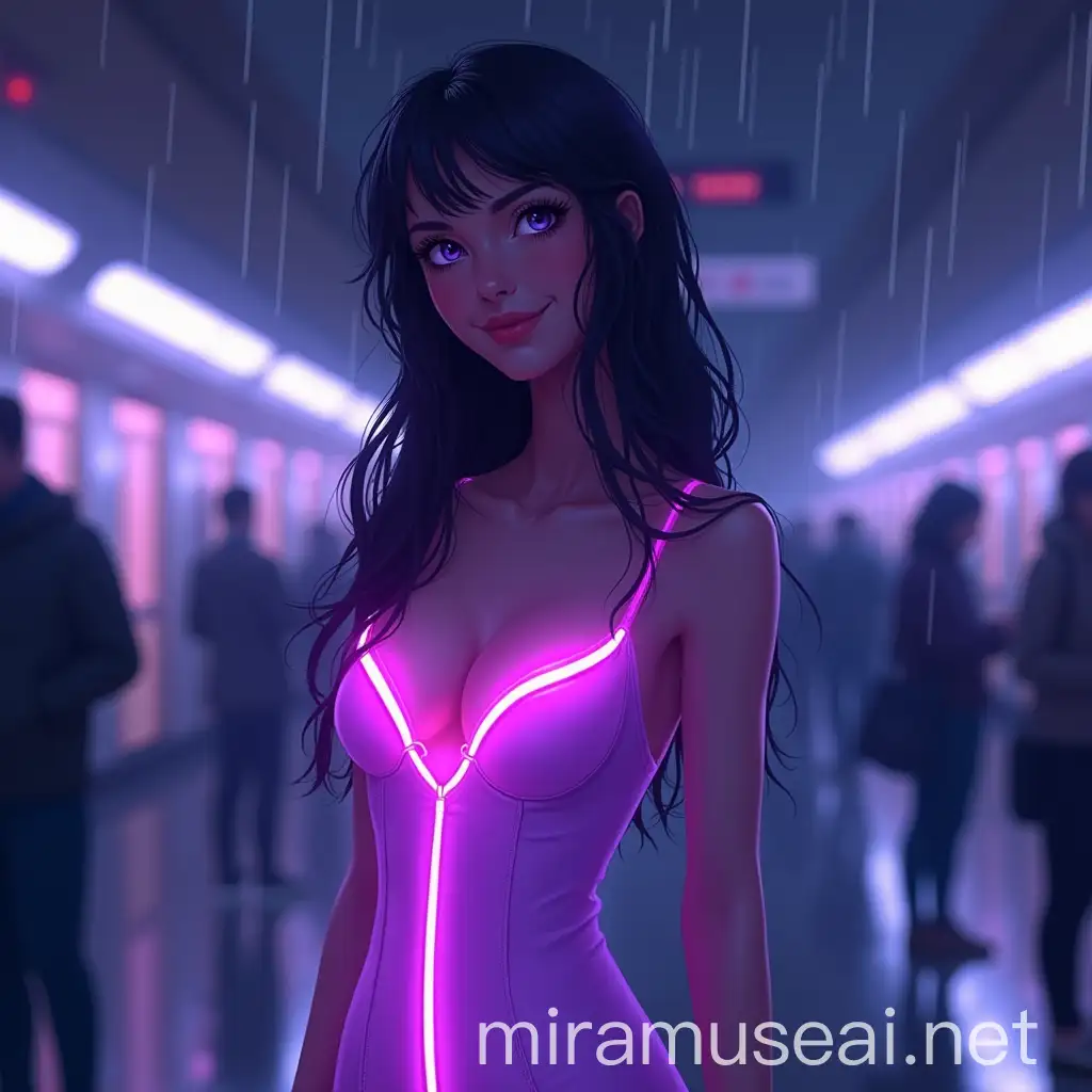 Stunning Woman in Purple Digital Light at Midnight Metro Station