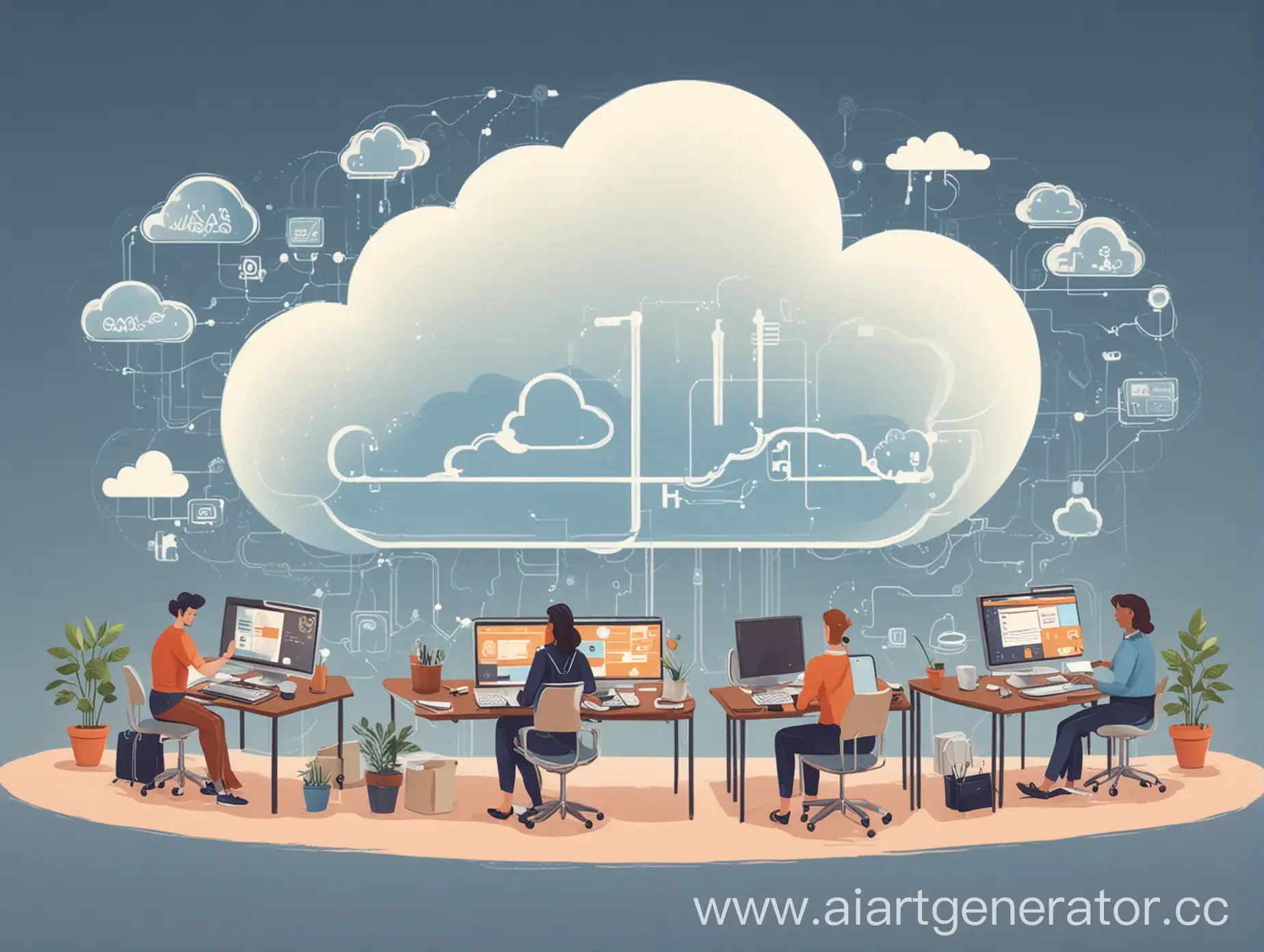 Illustration of the concept of SaaS systems with the cloud, computers and users working remotely