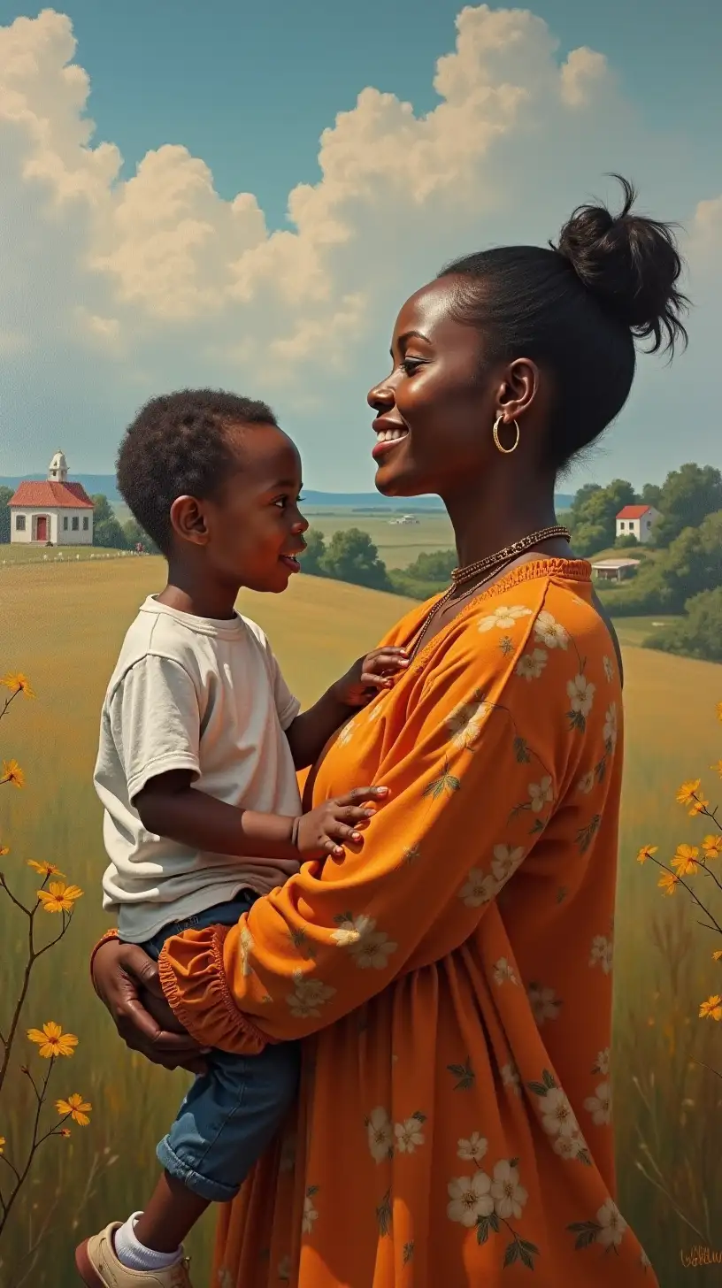 Modern African American Mother and Son Attending Church in Neoclassical Landscape